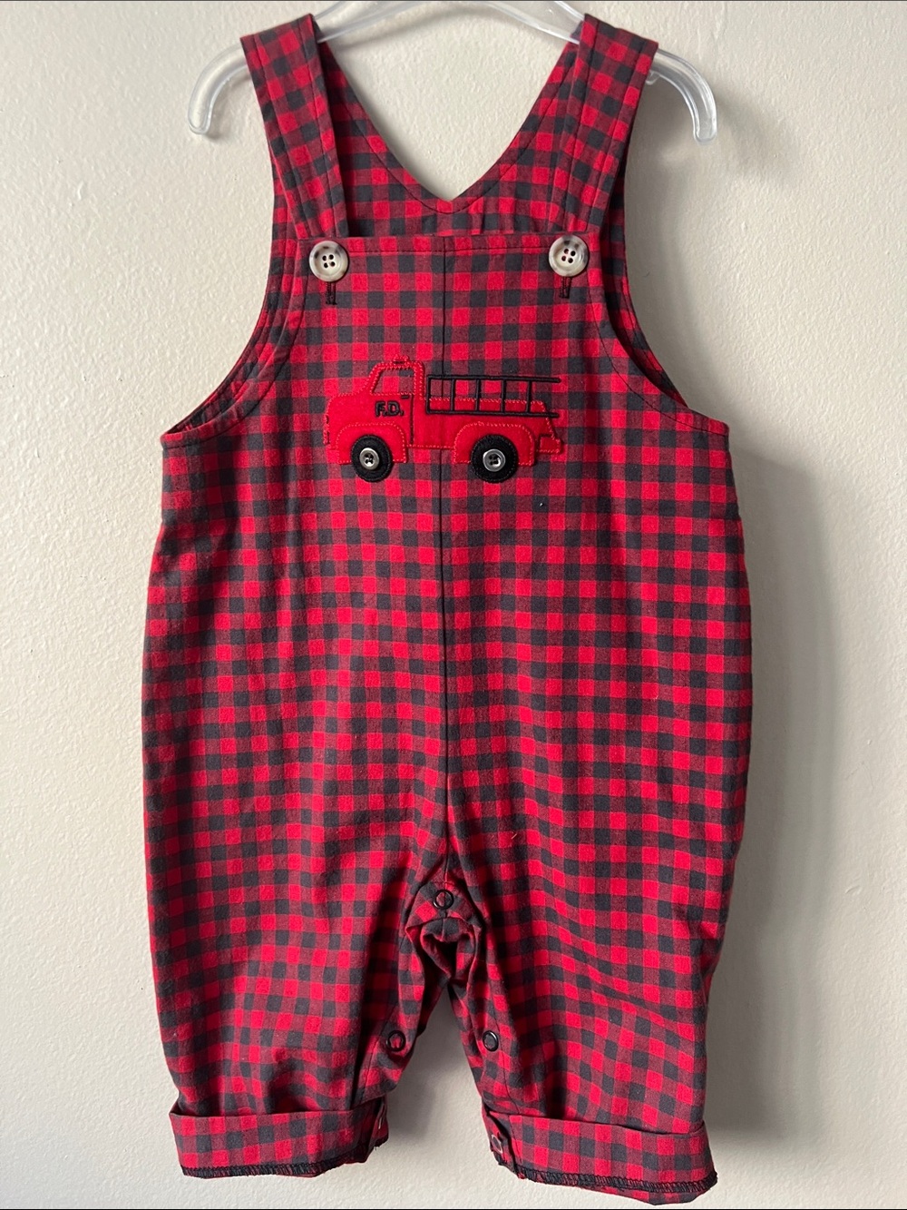 VTG Cottontail Orginals Red Buffalo Plaid Fire Truck Baby Overalls Sz. 12M